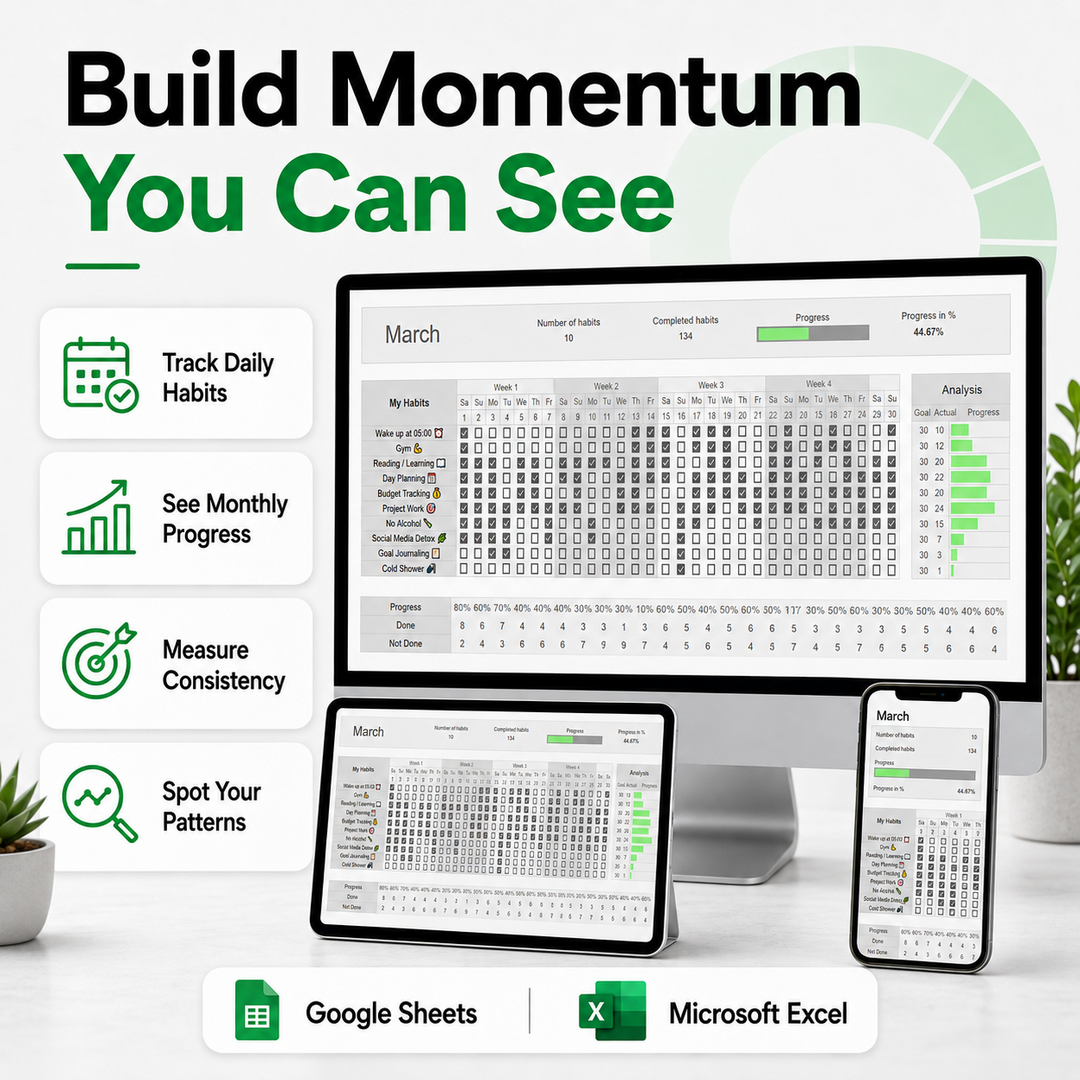 Habit Tracker Spreadsheet – Build Better Habits, Stay Consistent & See Your Progress