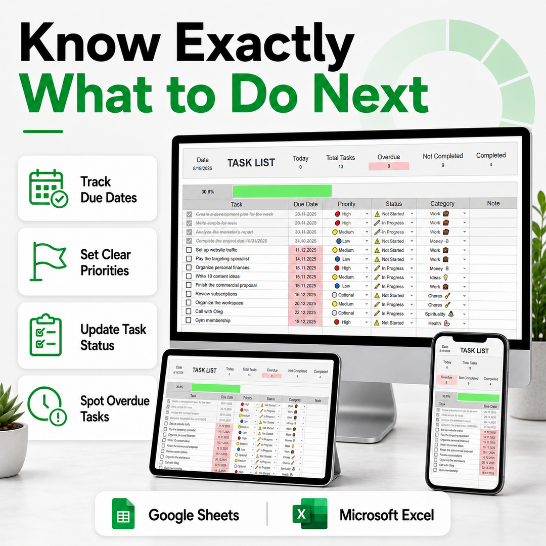 Task Tracker Spreadsheet – Get Organized, Prioritize What Matters & Finish More