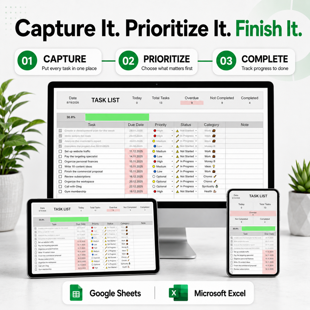 Task Tracker Spreadsheet – Get Organized, Prioritize What Matters & Finish More