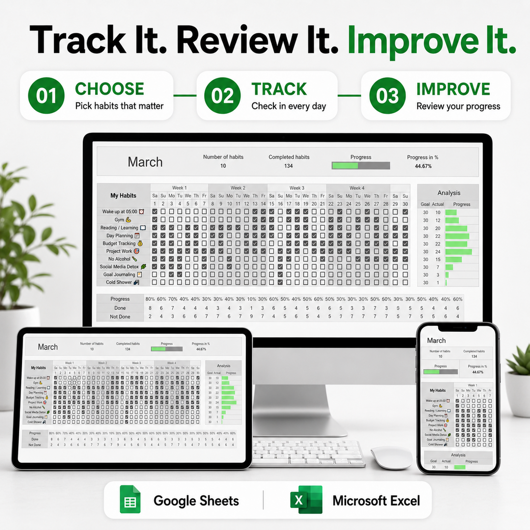 Habit Tracker Spreadsheet – Build Better Habits, Stay Consistent & See Your Progress